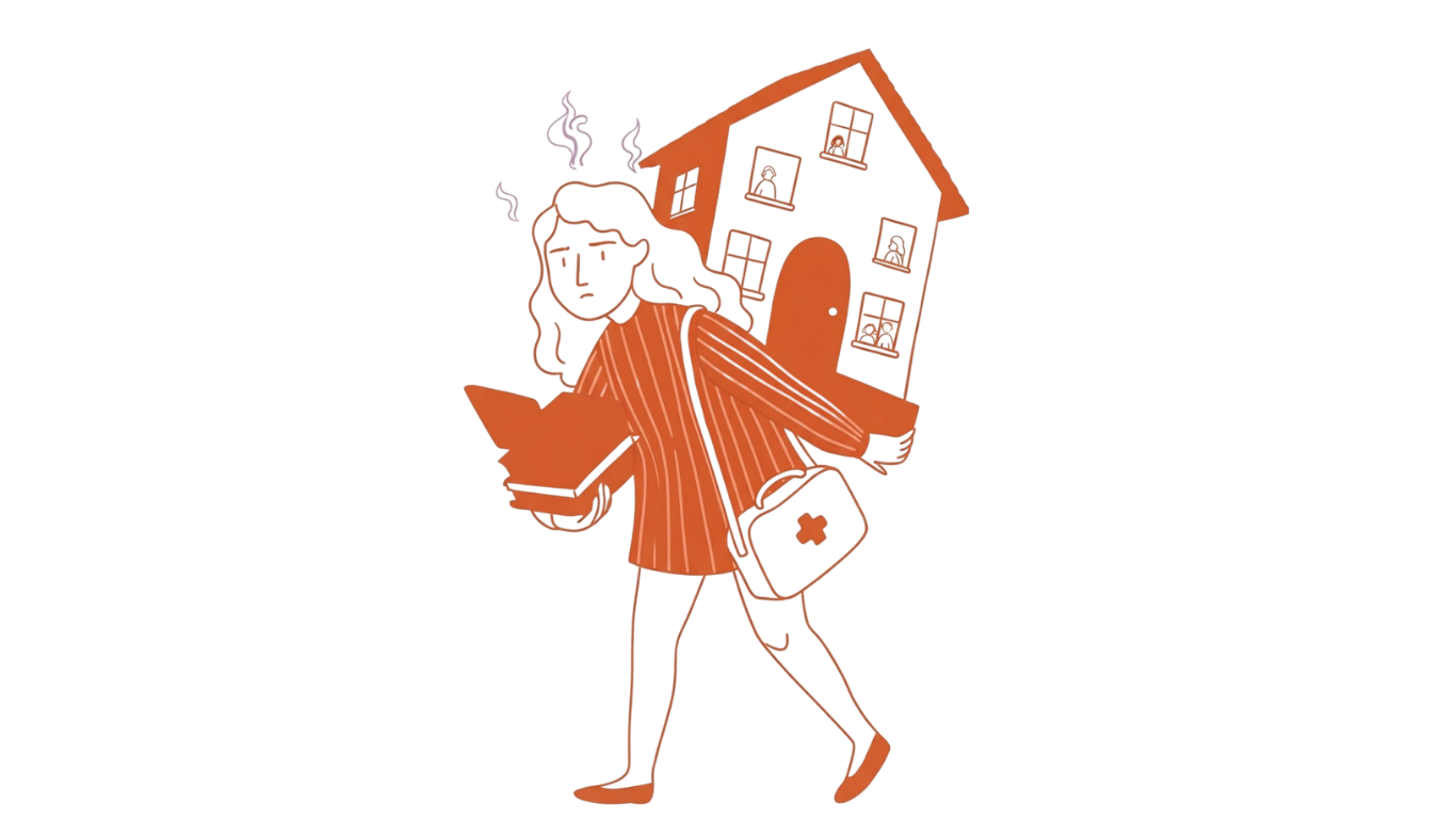Ilustração de uma mulher carregando várias tarefas ao mesmo tempo